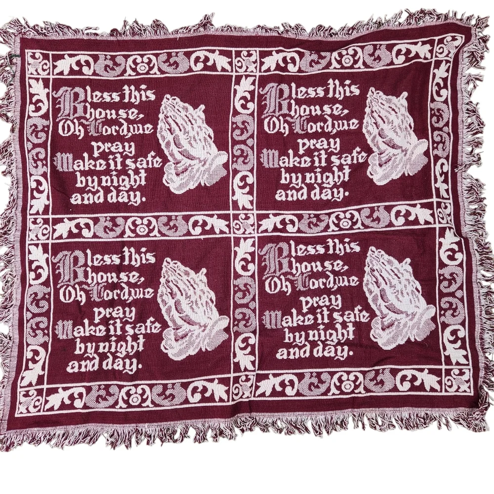 Vintage Tapestry Throw Blanket Fringe Religious Praying Hands Bless This House